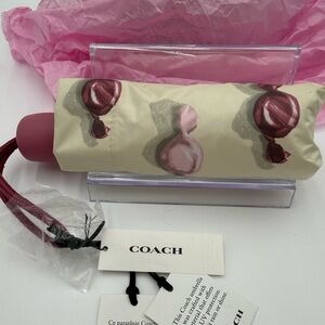 Coach Compact Umbrella in Cream with Pink and Burgundy Accents